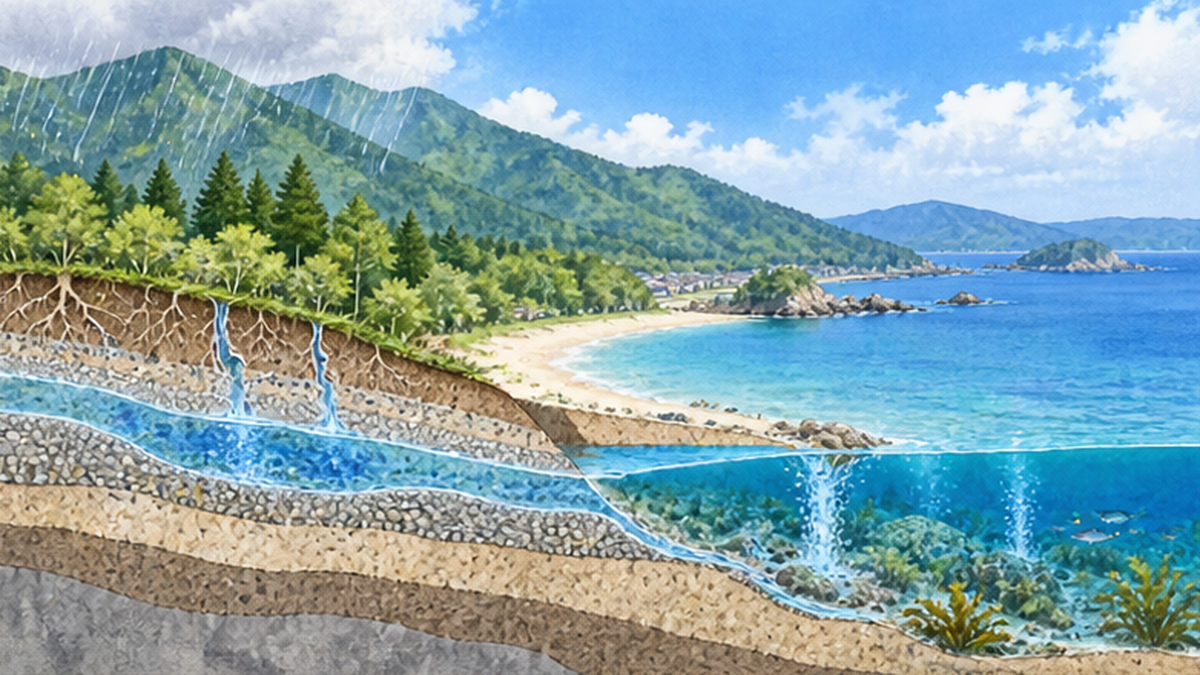 山地の雨水が地下水となり、海底から湧き出す断面イメージ