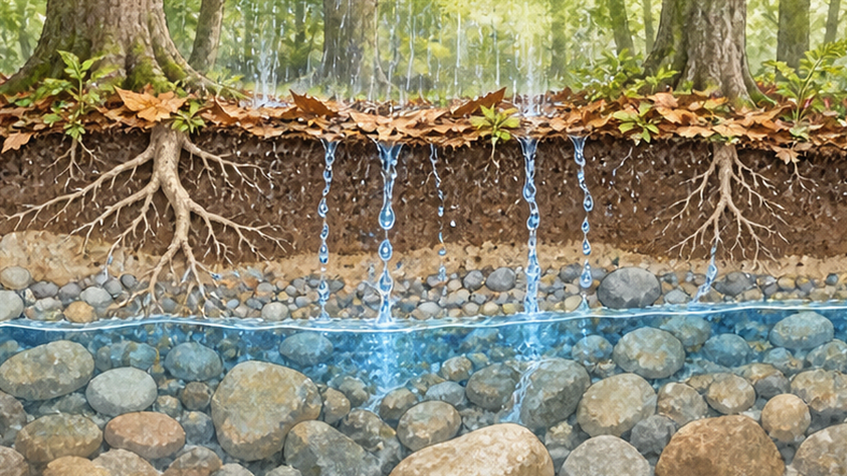 森林が雨を受けとめて地下へ浸み込ませる仕組み