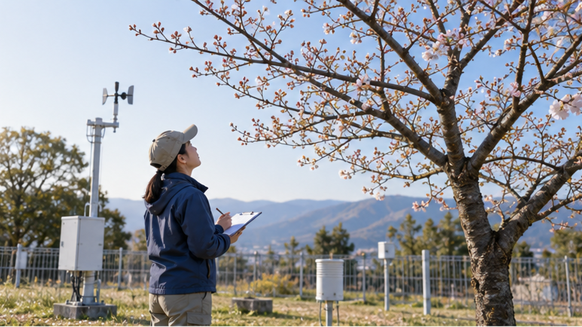 気象台職員が桜の標本木を観察している様子