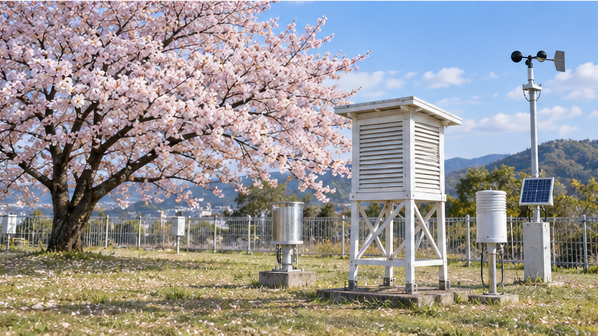 気象観測機器と桜の木が並ぶ風景