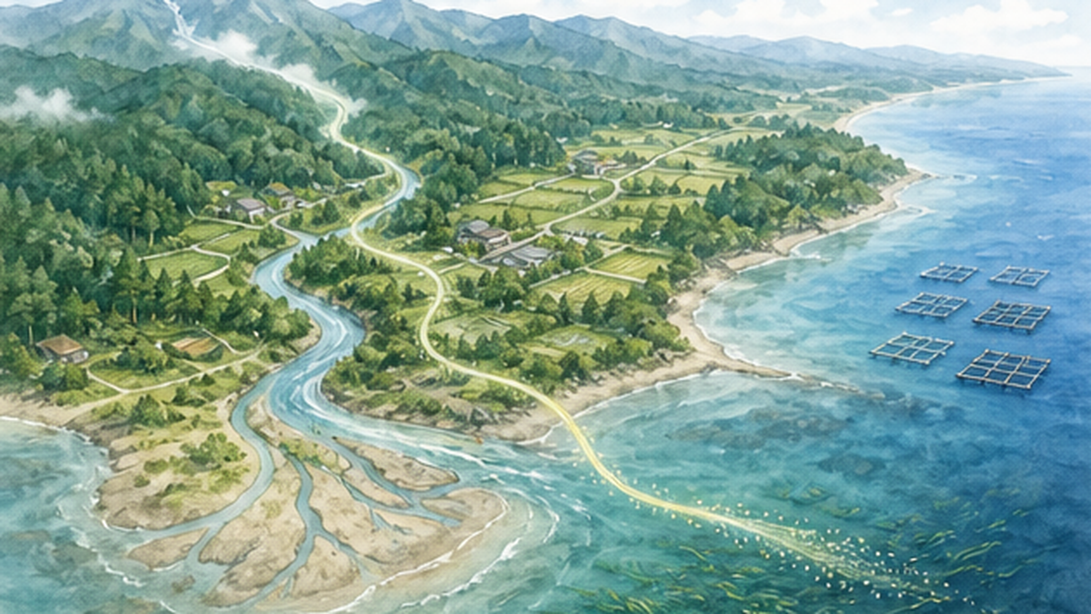 森から川を通って海へ栄養が運ばれる流域のつながりを描いた俯瞰図