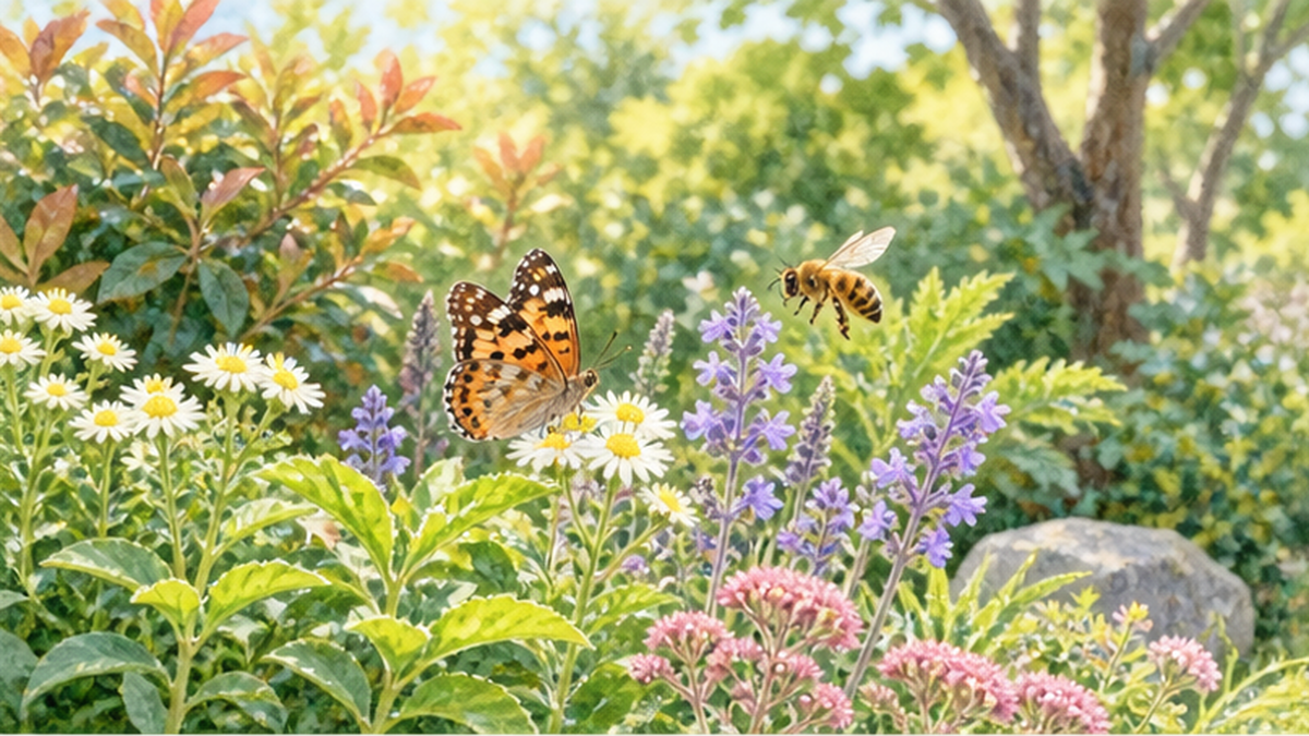 庭の花壇に在来の草花が咲き、チョウやハナバチが訪れている様子