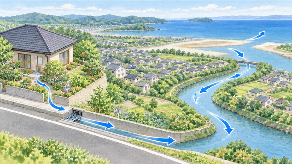 庭の水路と川と海がつながる流れを示した図