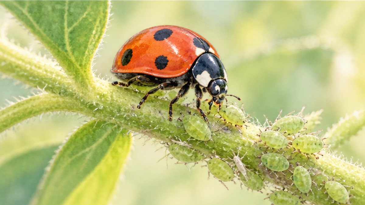 庭のテントウムシがアブラムシを食べている様子