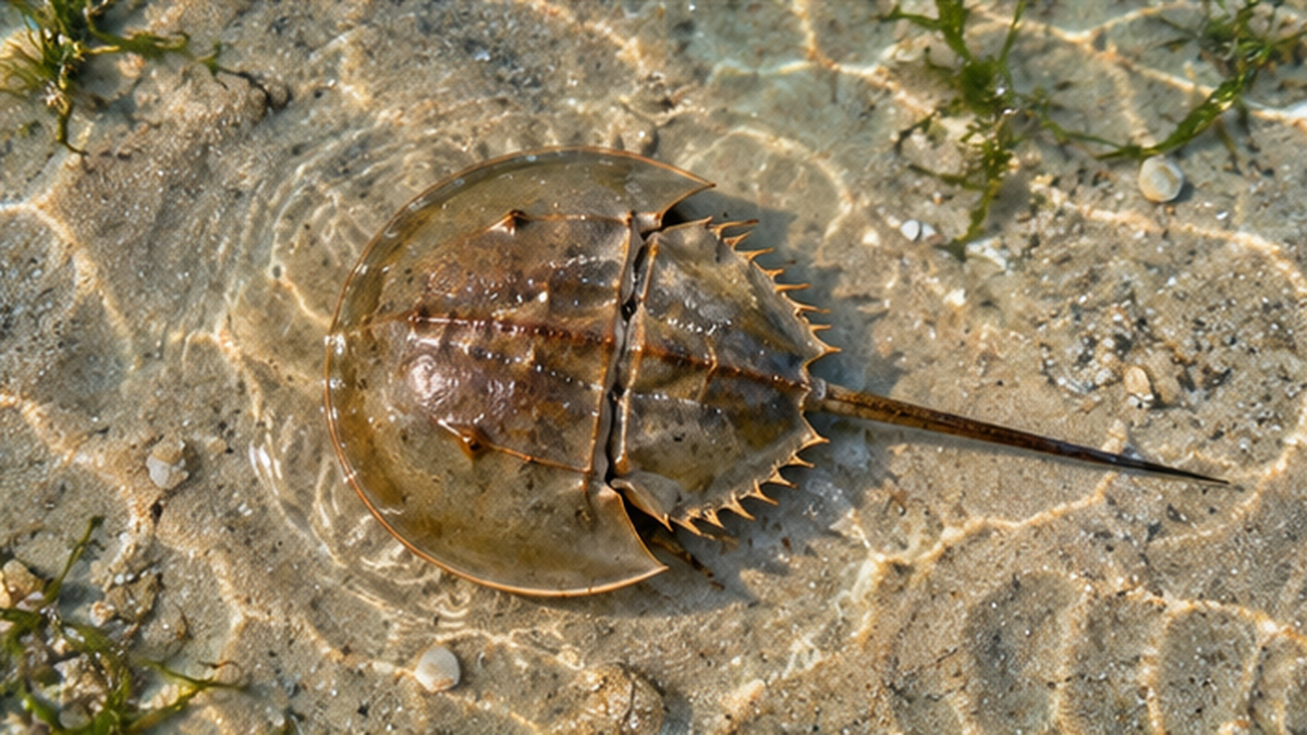 干潟を歩く成体のカブトガニを上から見た図。ドーム状の甲羅と長い尾剣がわかる