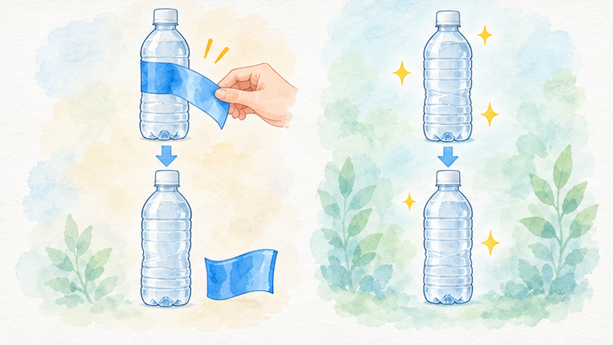 ラベルのないペットボトルと、ラベル付きボトルを分別する手順の比較イメージ