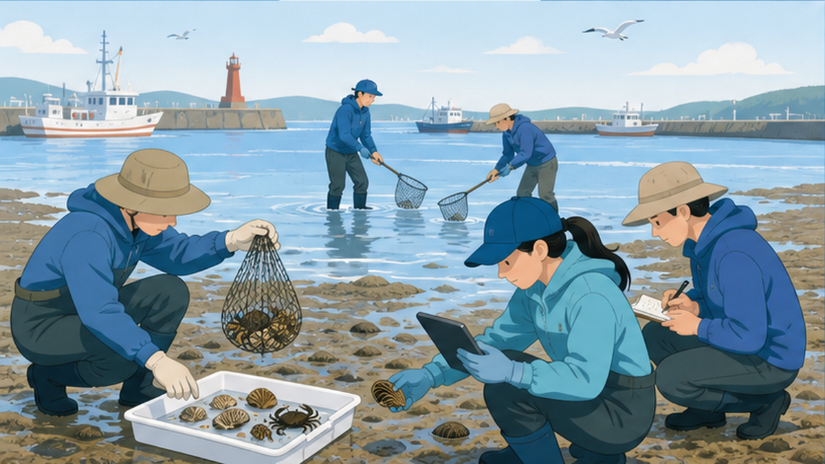 研究者が干潟で外来生物を採集・記録しモニタリングしている様子のイラストイメージ