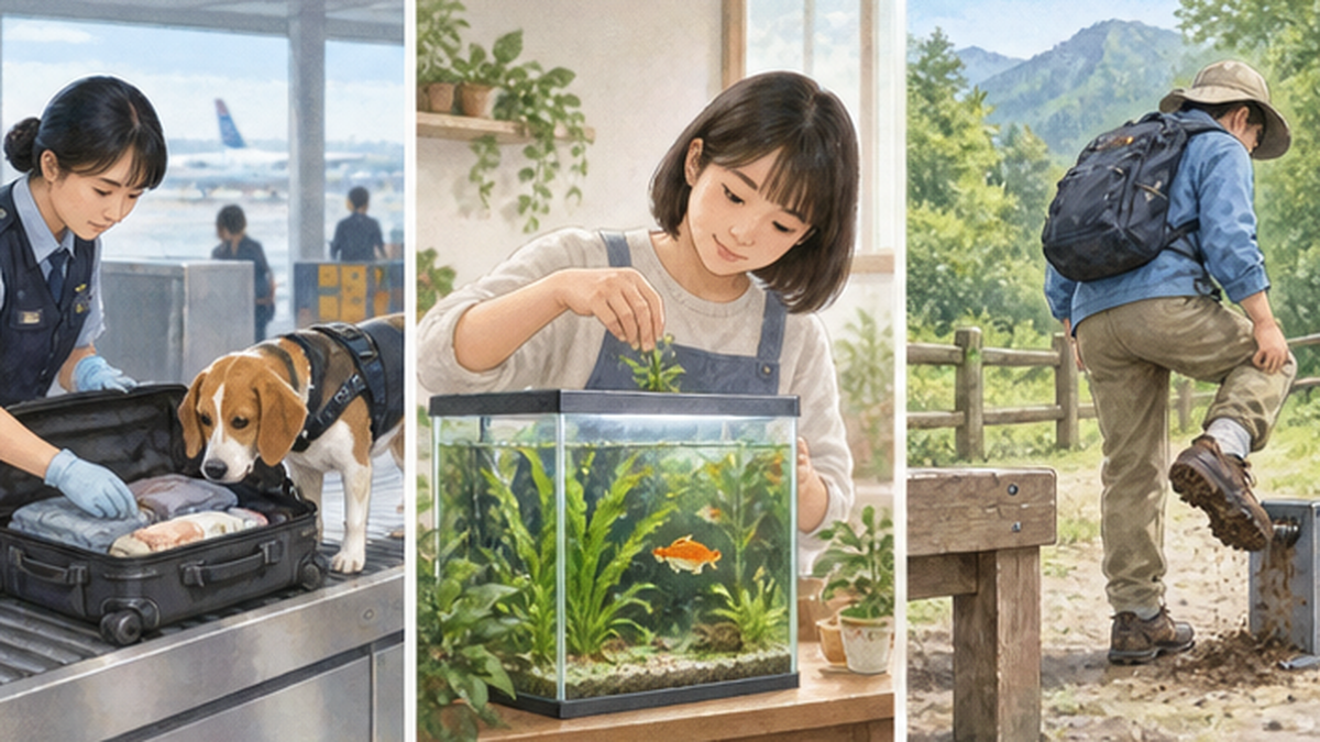 入れない・捨てない・拡げないの三原則を表す3つの場面のイラスト