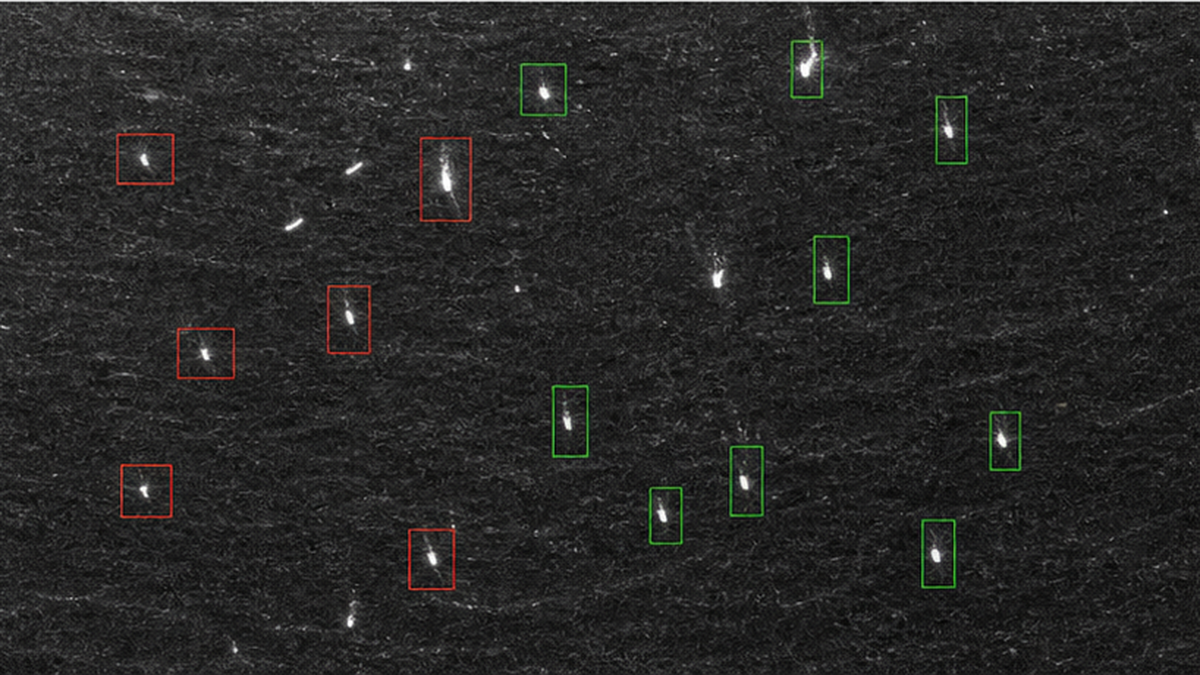 衛星レーダー画像上で船が輝点として検出される様子のイメージ