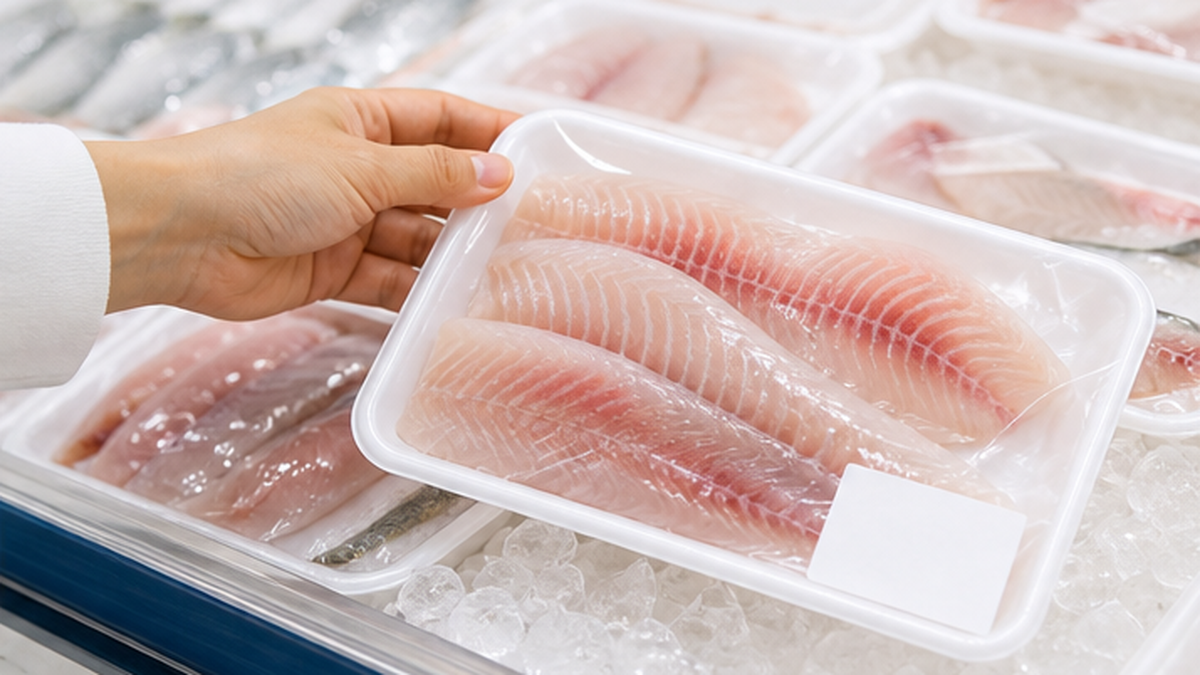 スーパーの鮮魚売り場で認証ラベルの付いたパックを手に取る様子