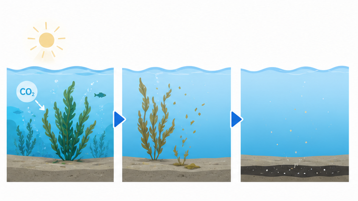 海藻が光合成でCO2を吸収し、枯れて海底の泥に炭素が貯留される過程の断面図