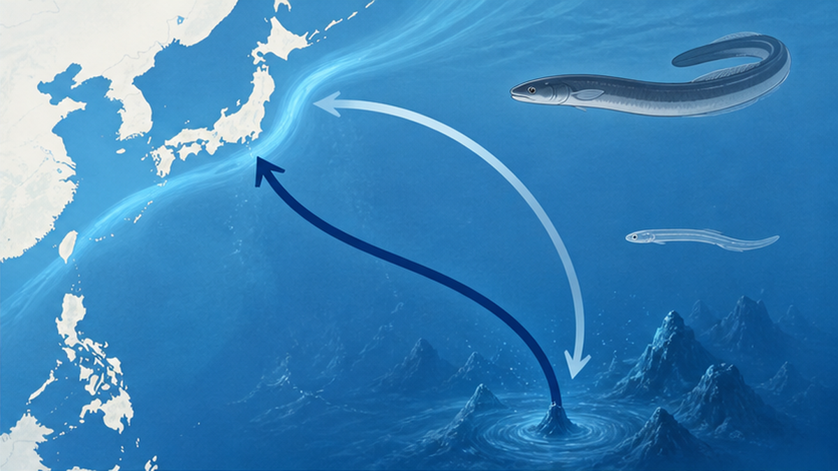 日本列島からフィリピン海を経てマリアナ海嶺の産卵場へ向かう親ウナギの回遊経路と、黒潮に乗って日本へ戻る稚魚の経路を示した地図イメージ