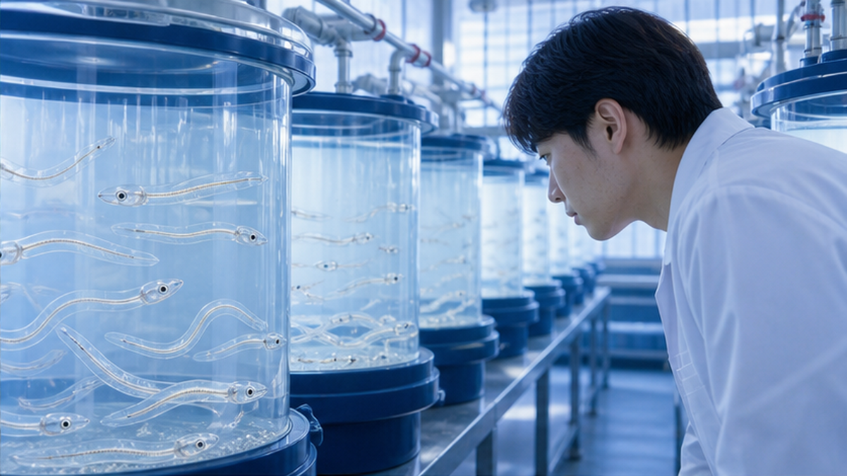 研究施設の水槽で、人工的にふ化した透明なウナギの仔魚（レプトケファルス）が泳ぐ様子を観察する研究者のイメージ