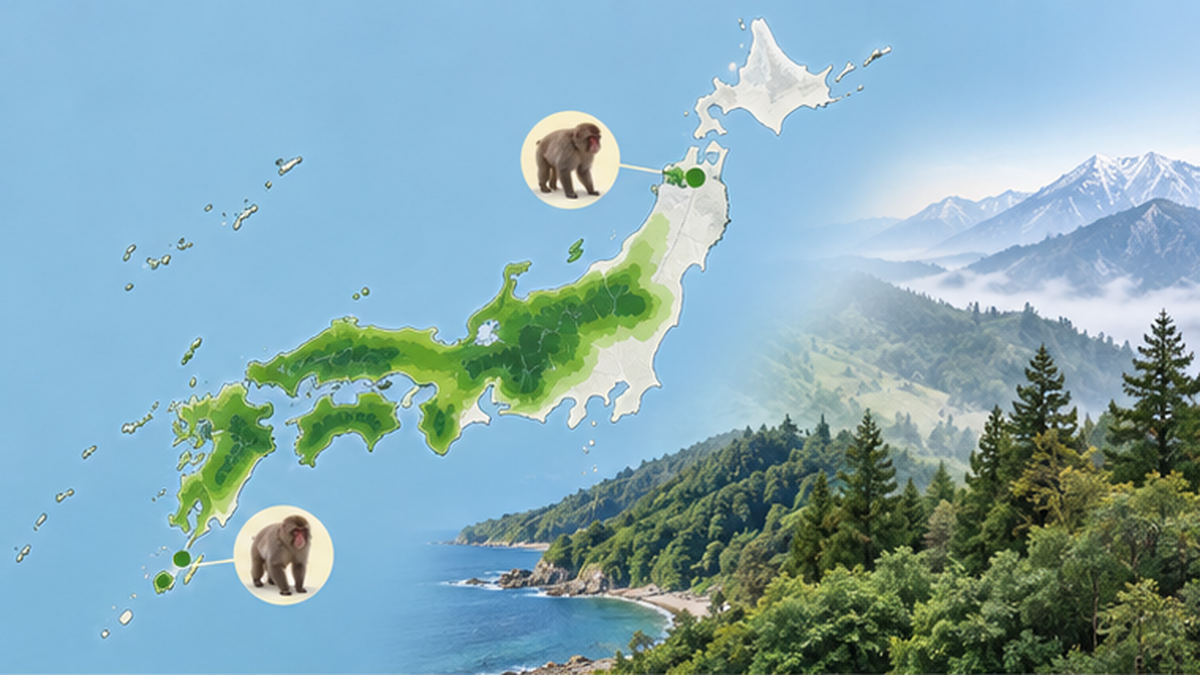 本州・四国・九州に分布するニホンザルの生息域と北限・南限を示すイラストマップ