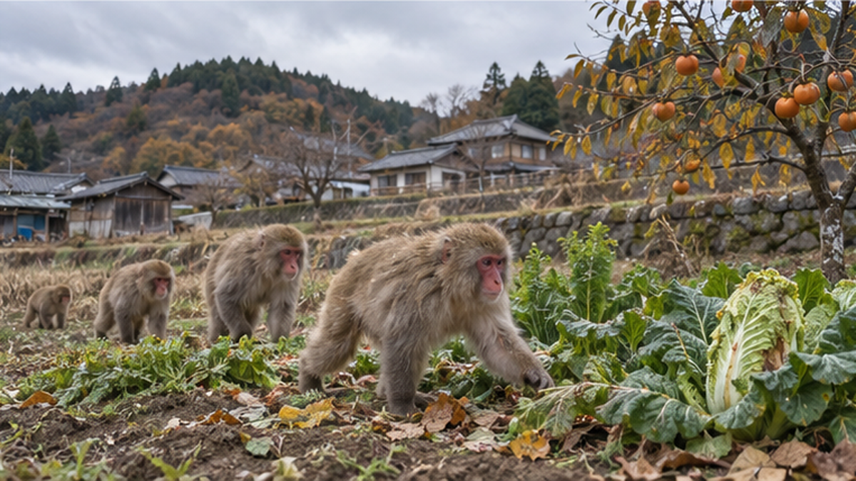 人里の畑に出没して作物を食べるニホンザルの群れ