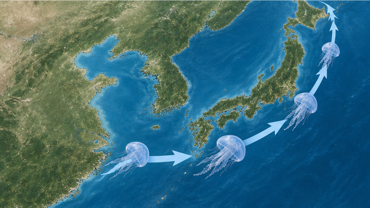 中国大陸沿岸から対馬海流に乗って日本海へ北上するエチゼンクラゲの来遊経路の地図