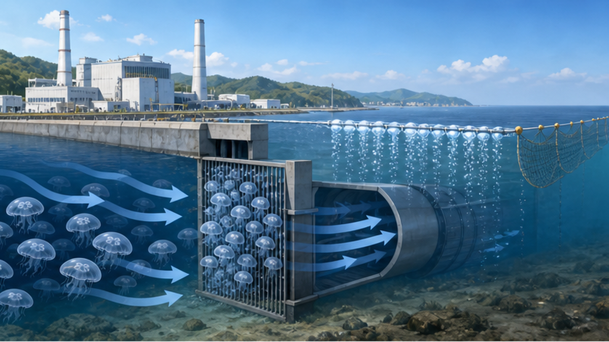 発電所の取水口周辺に押し寄せるミズクラゲの大群の断面図解