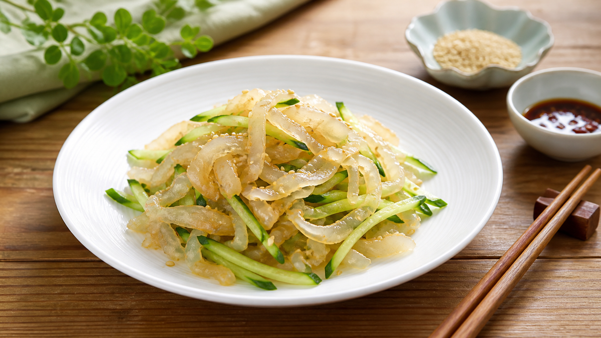 塩蔵クラゲの中華風和え物など食材として活用されるクラゲのイメージ