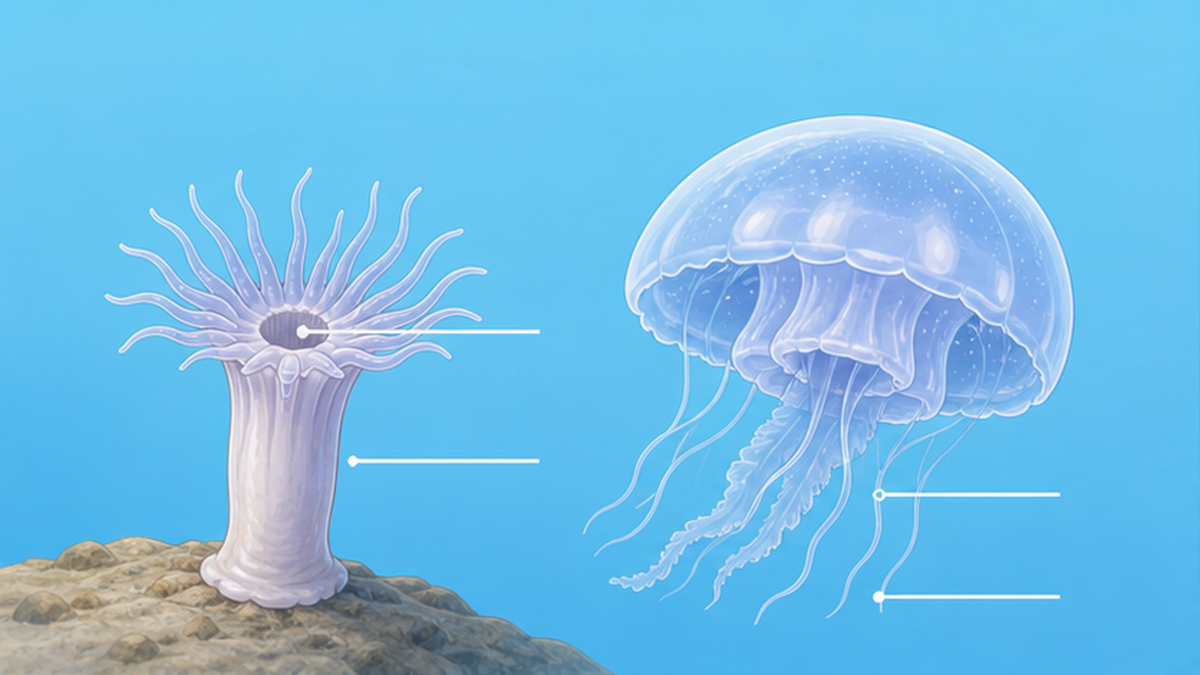 刺胞動物のポリプ型とクラゲ型の二つの基本形を並べた図解
