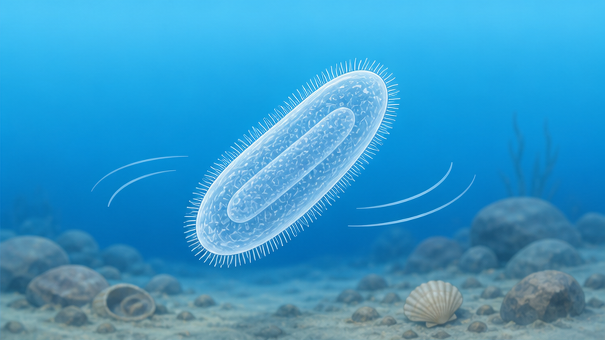 繊毛で海中を泳ぐ楕円形のプラヌラ幼生の拡大図解