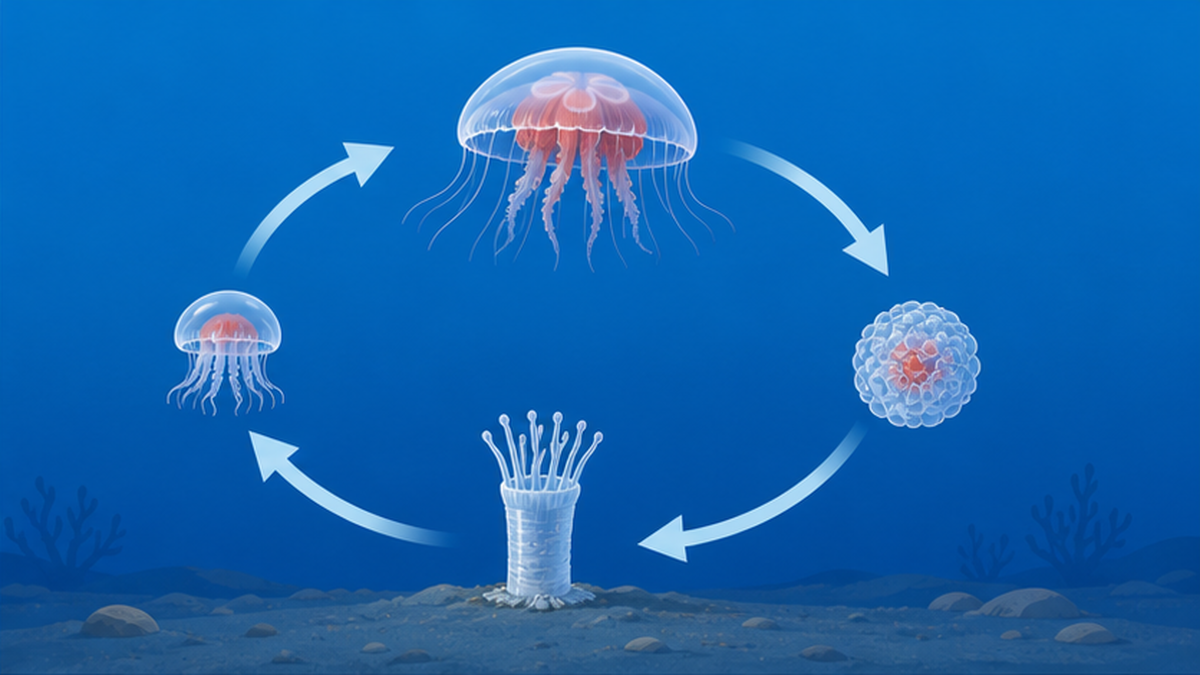 ベニクラゲが成体からポリプへ若返り再びクラゲになるサイクルの図解