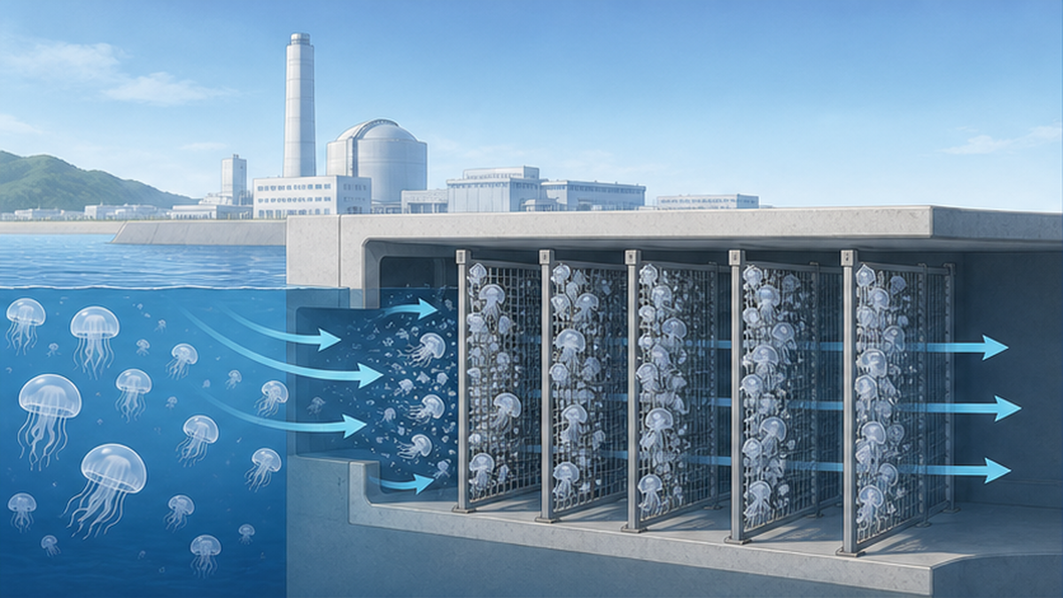 発電所の海水取水口にクラゲが吸い寄せられ除去用の網が設けられている図解