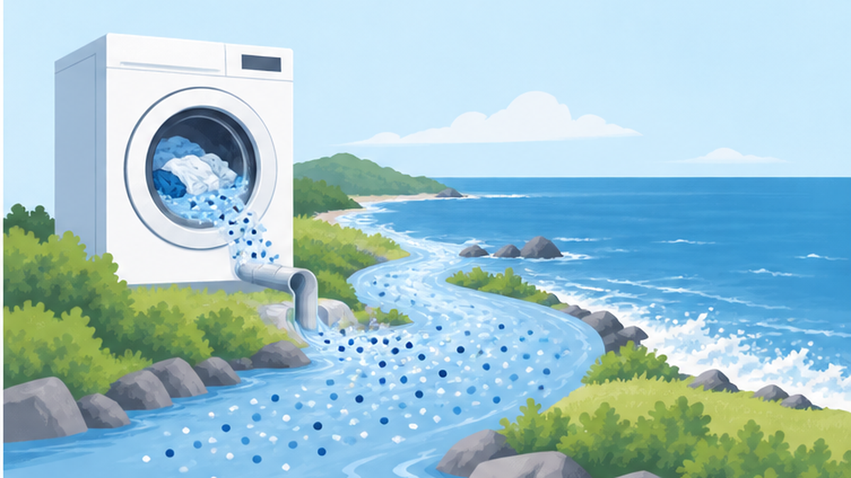 洗濯された合成繊維の服から細い繊維くずが排水を通って海へ向かう流れを描いた説明図