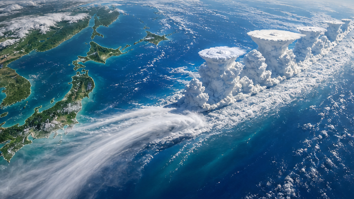 停滞する梅雨前線に向かって、暖かい海から大量の水蒸気が帯状に流れ込み、積乱雲が発達している様子を描いた図