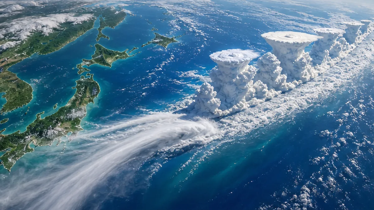 停滞する梅雨前線に向かって、暖かい海から大量の水蒸気が帯状に流れ込み、積乱雲が発達している様子を描いた図
