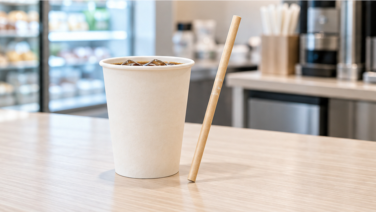 コンビニのカフェカウンターに置かれたバイオプラスチック製ストロー