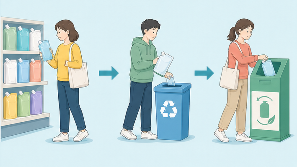 詰め替えを選ぶ、分別する、店頭回収に出すといった消費者アクションを描いた図解