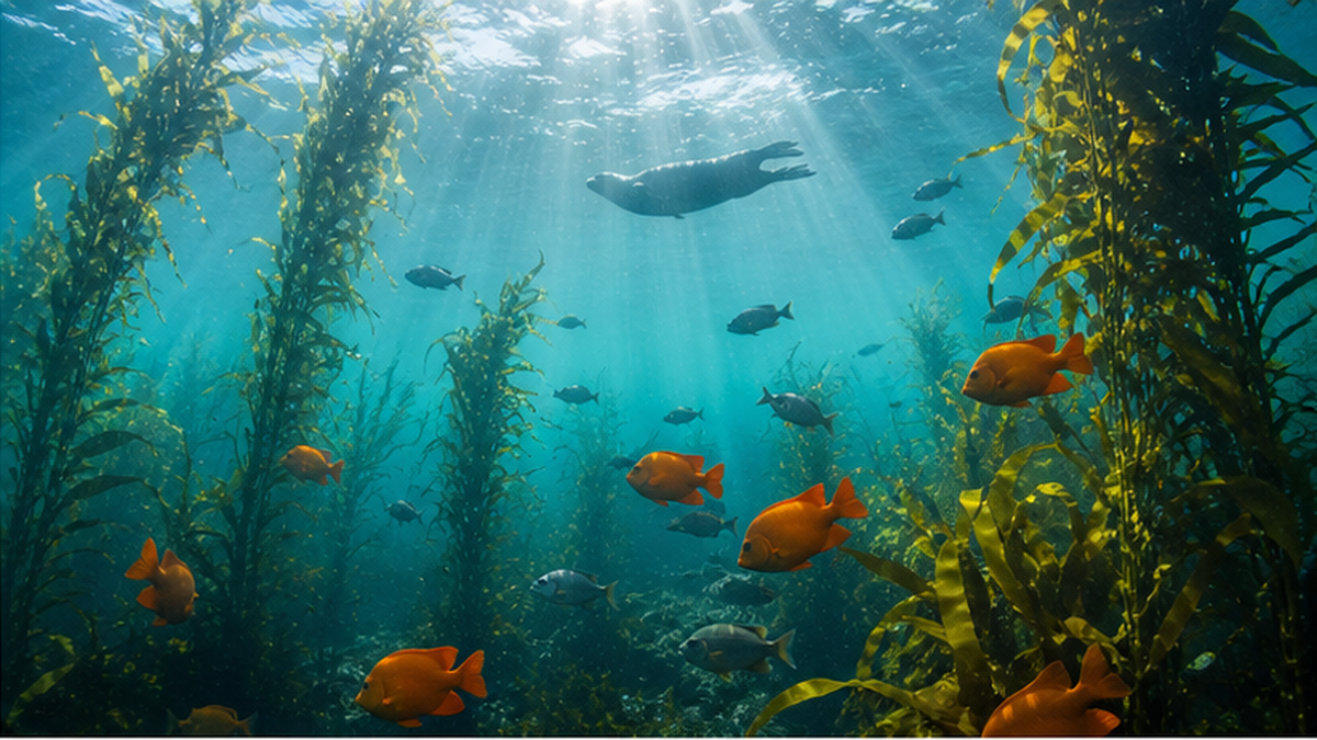 太陽光が差し込むジャイアントケルプの海中林を泳ぐ魚の群れとラッコ