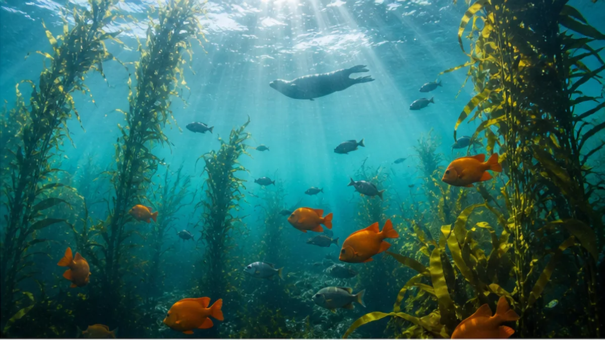 太陽光が差し込むジャイアントケルプの海中林を泳ぐ魚の群れとラッコ