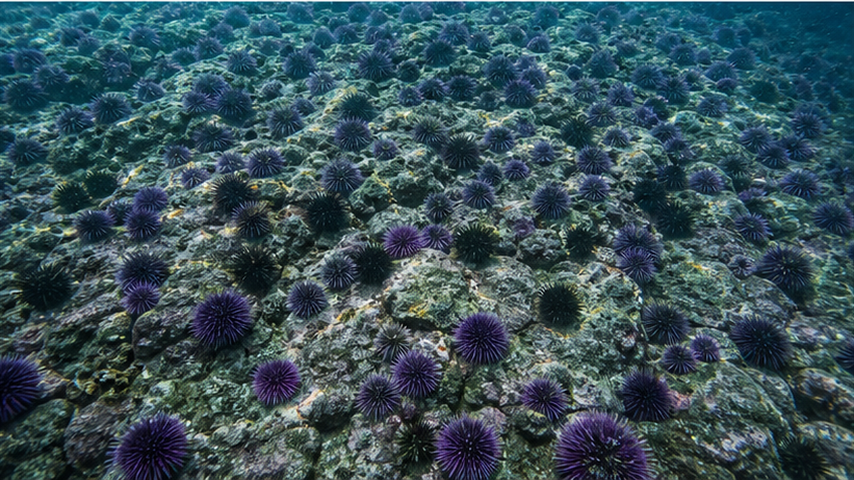 海藻が消え無数のウニが岩肌を覆い尽くしたウニ砂漠の海底
