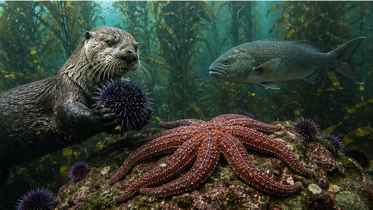 ウニを抑える捕食者(ラッコ・ヒトデ・魚)と温暖化の関係を示す海中の食物連鎖のイメージ