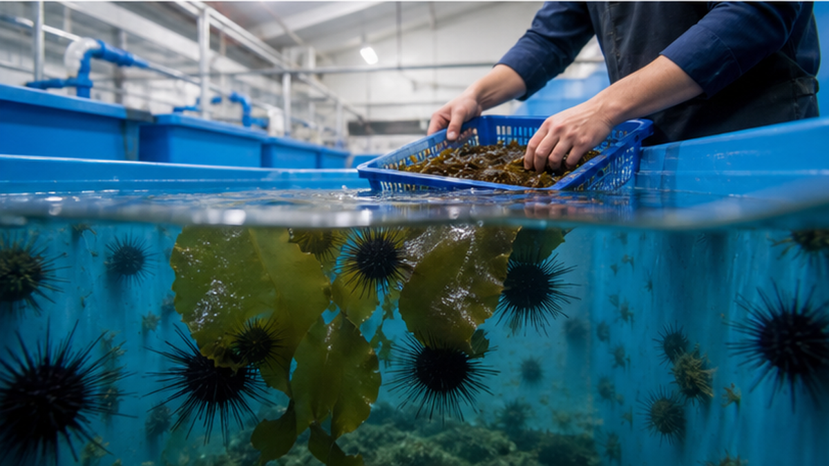 陸上の水槽で餌のコンブを食べて育つウニと、それを世話する作業員