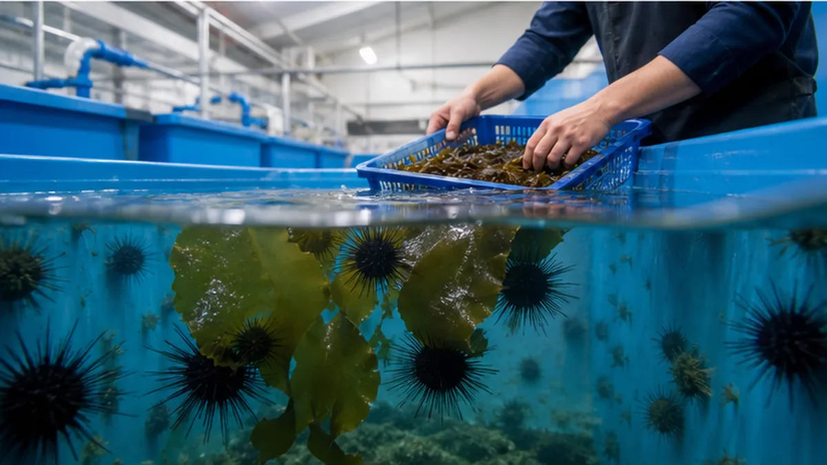 陸上の水槽で餌のコンブを食べて育つウニと、それを世話する作業員