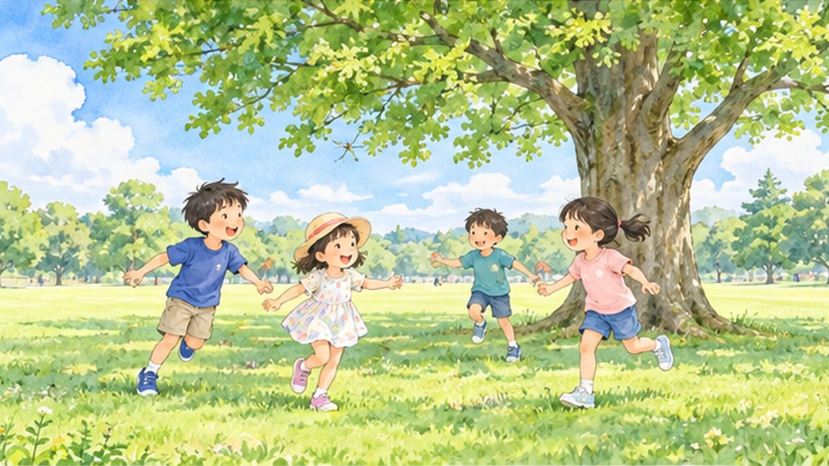 公園の木の下で友達と遊ぶ子どもたちのイラスト