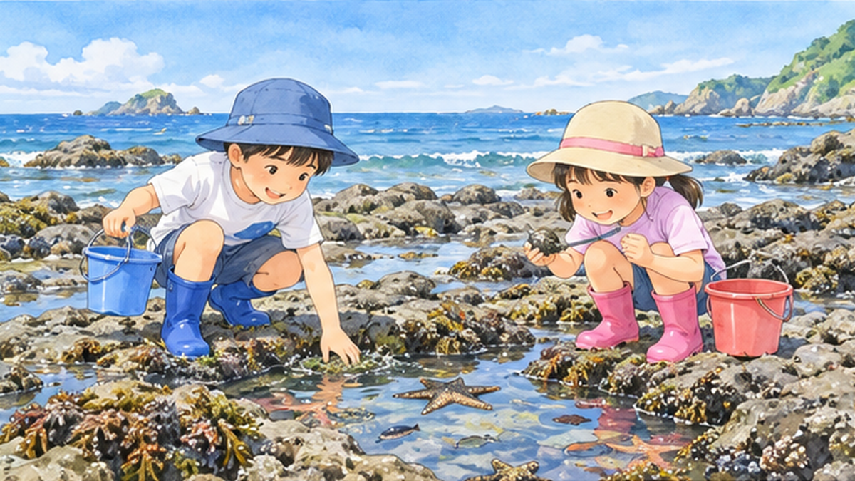 干潮の磯で潮だまりを観察する子どもたちのイラスト