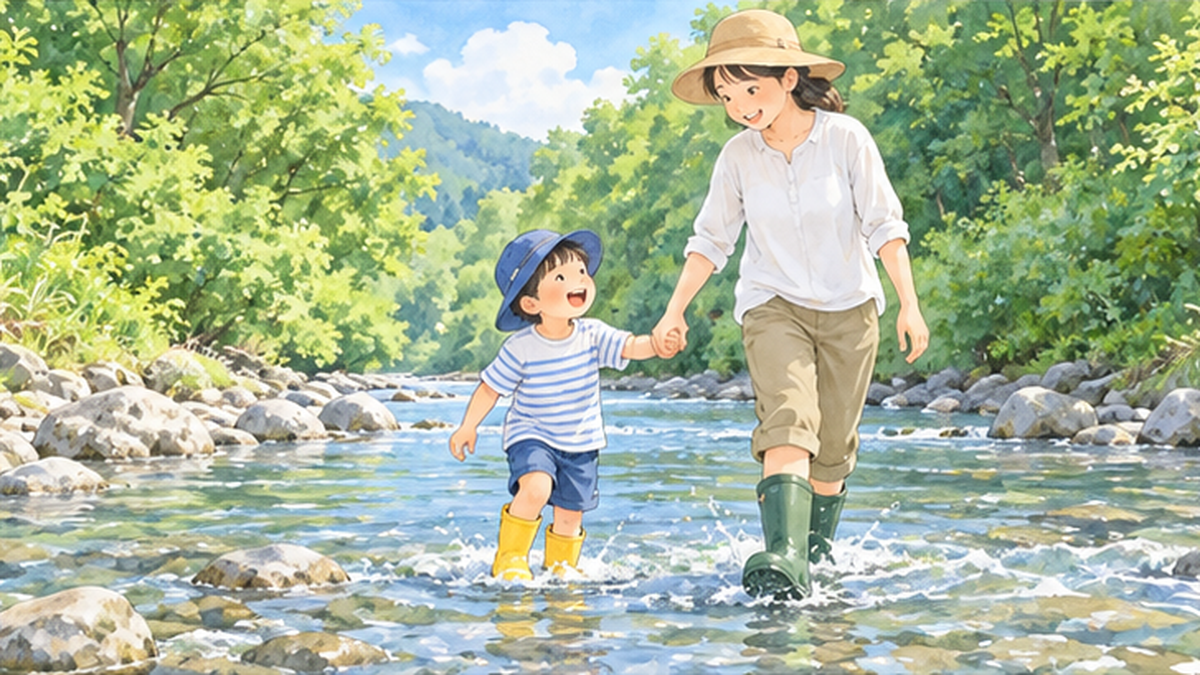 川辺で長靴を履いて安全に遊ぶ親子のイラスト