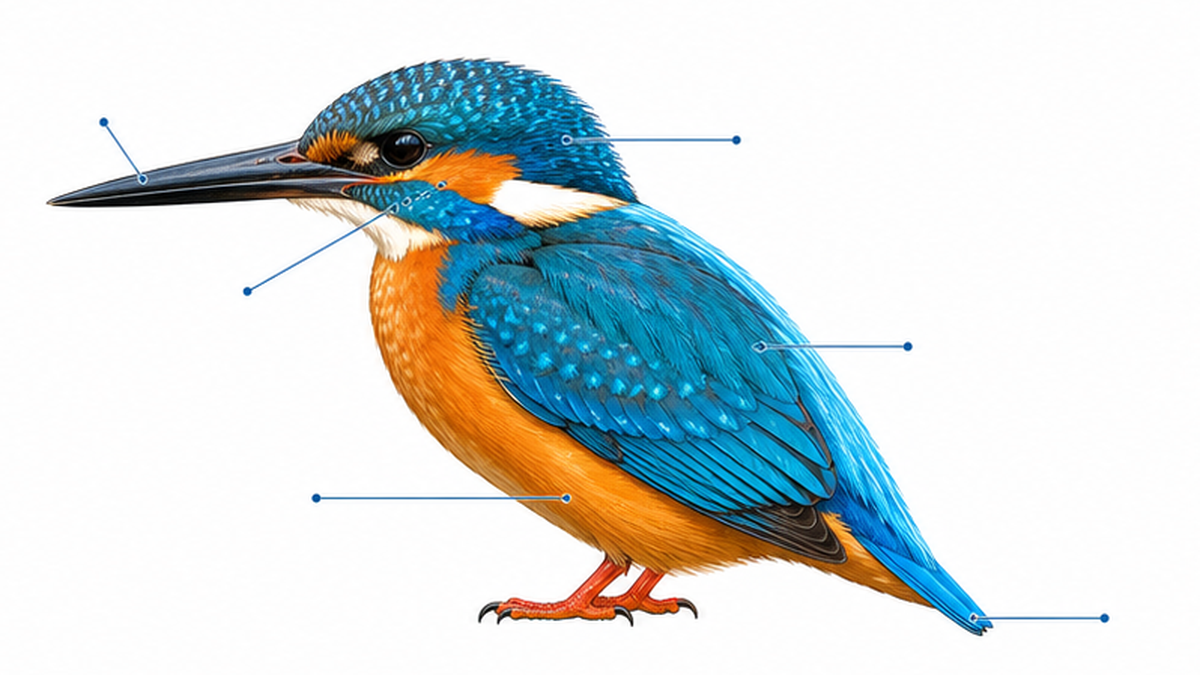 Diagram labelling the features of a kingfisher: 17 cm length, long bill, short tail, blue back and orange belly