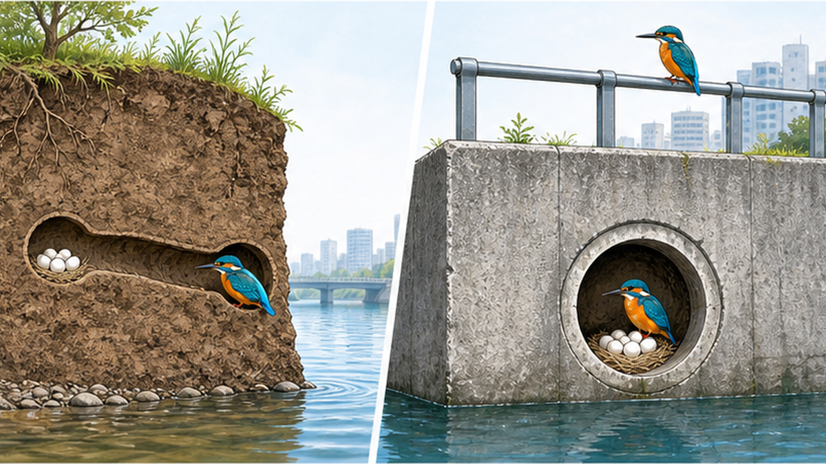 Cross-section comparing a natural earthen bank burrow with a nest inside a concrete revetment drainage hole