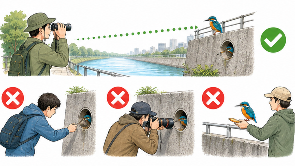 Illustration of kingfisher watching etiquette: keep your distance, never approach the nest, do not bait
