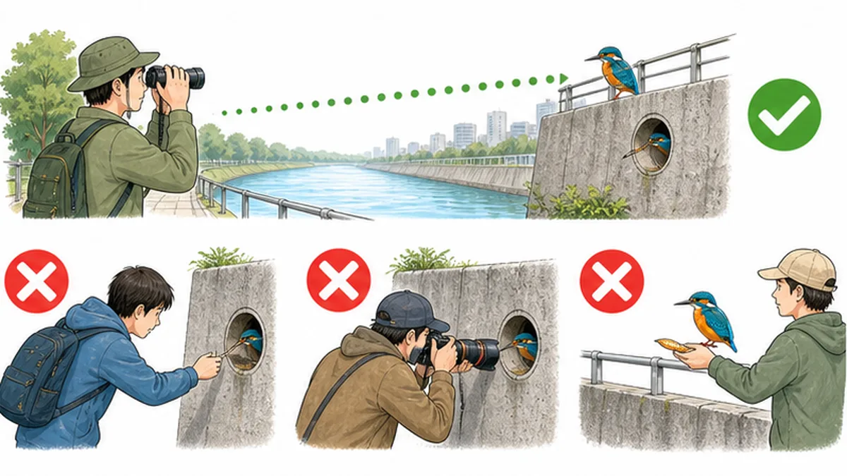 都市河川でのカワセミ観察のマナーを示したイラスト。距離を保つ、巣に近づかない、餌付けしない