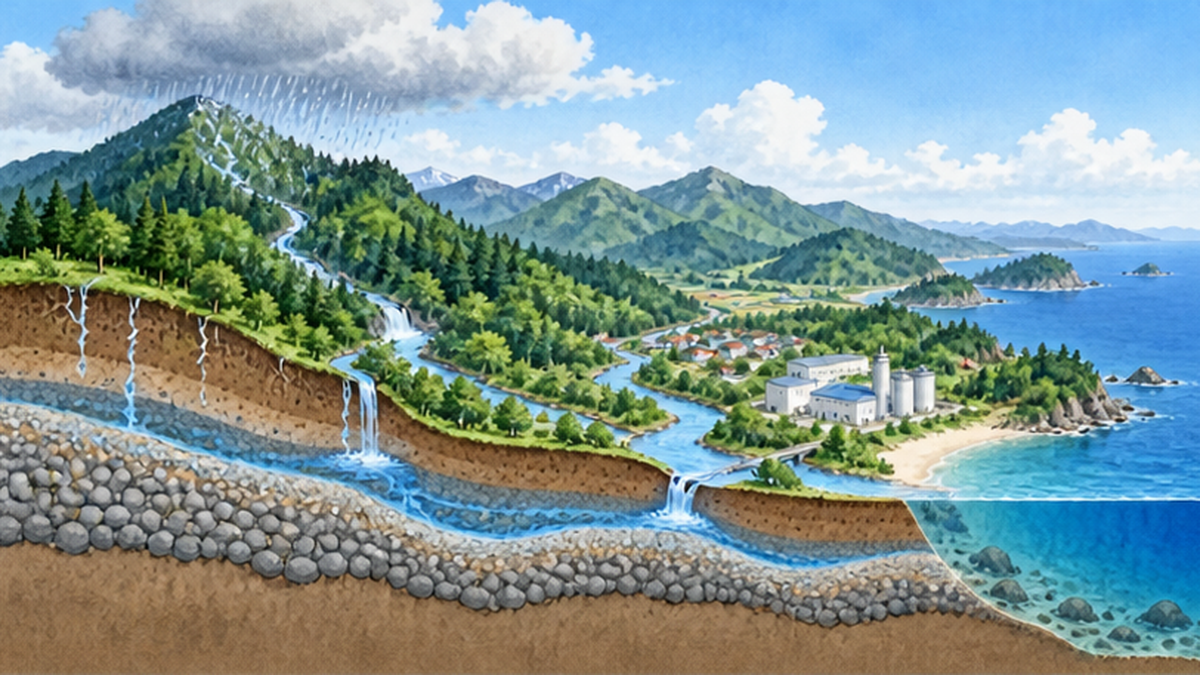 森に降った雨が土にしみ込み、川と地下水を通って海へ届く水の循環の図解