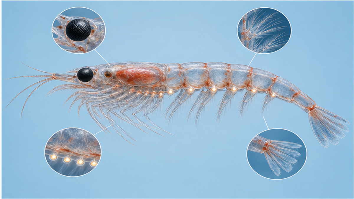 Diagram of an Antarctic krill showing the compound eyes, thoracic legs, photophores and tail fan