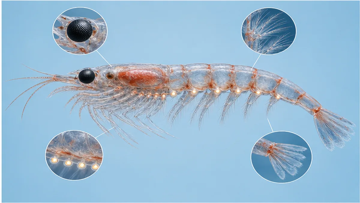 Diagram of an Antarctic krill showing the compound eyes, thoracic legs, photophores and tail fan