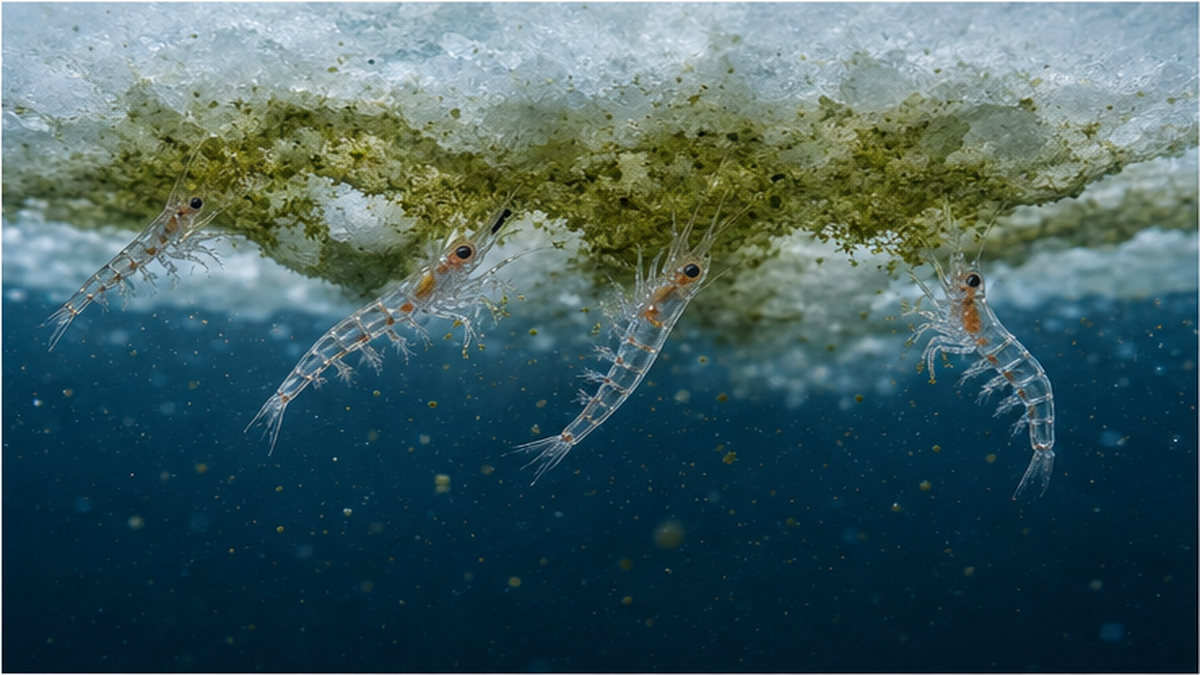 Cross-section showing ice algae attached beneath sea ice and krill larvae feeding on them