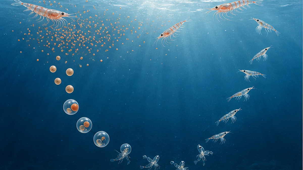 Life-cycle diagram showing krill eggs developing as they sink and larvae ascending to the surface