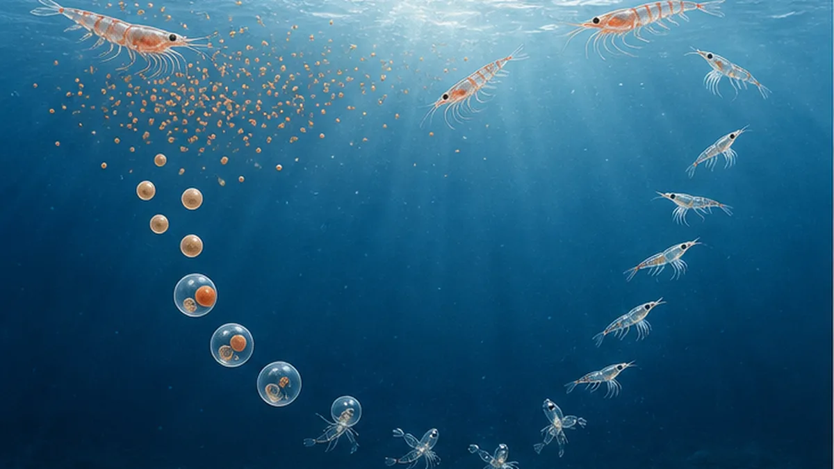Life-cycle diagram showing krill eggs developing as they sink and larvae ascending to the surface